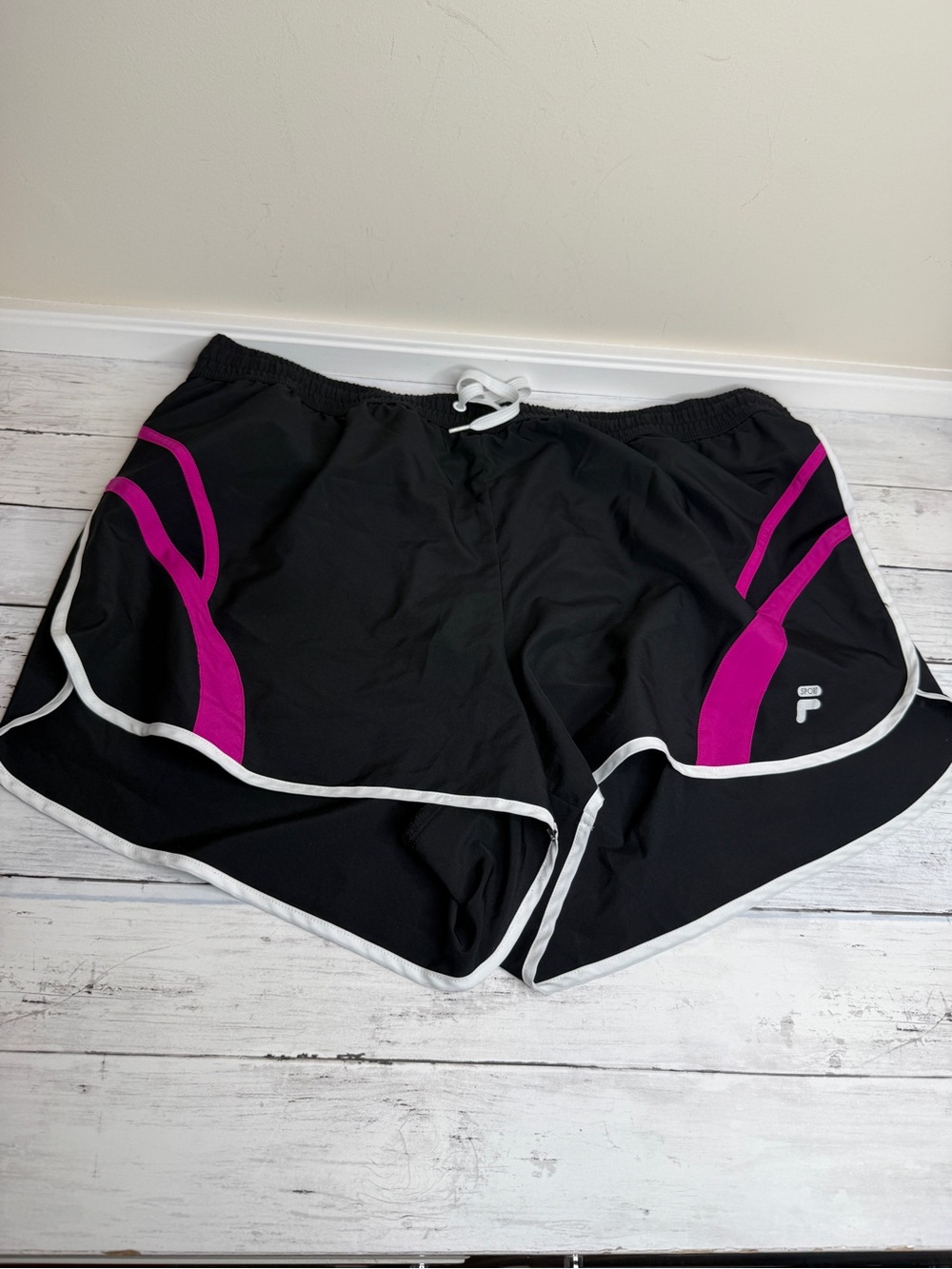 Fila Black Athletic Shorts with Pink Accents and White Trim